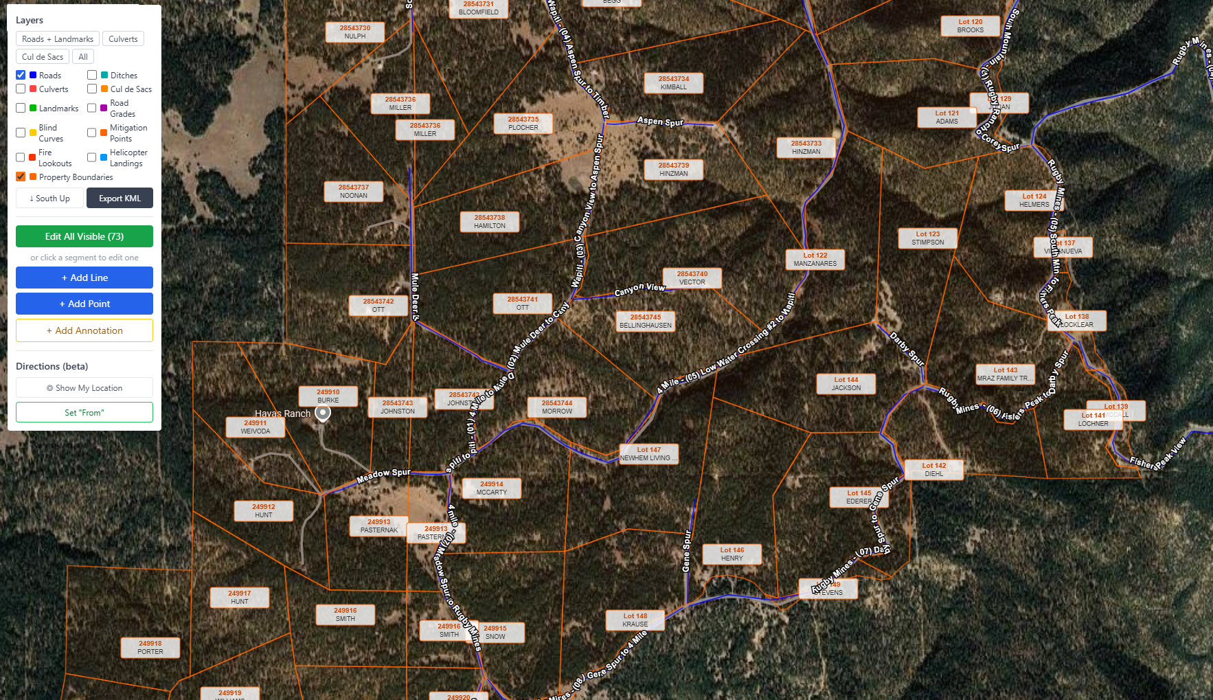 GROOM road management — satellite map with property boundary parcel overlays on rural road network